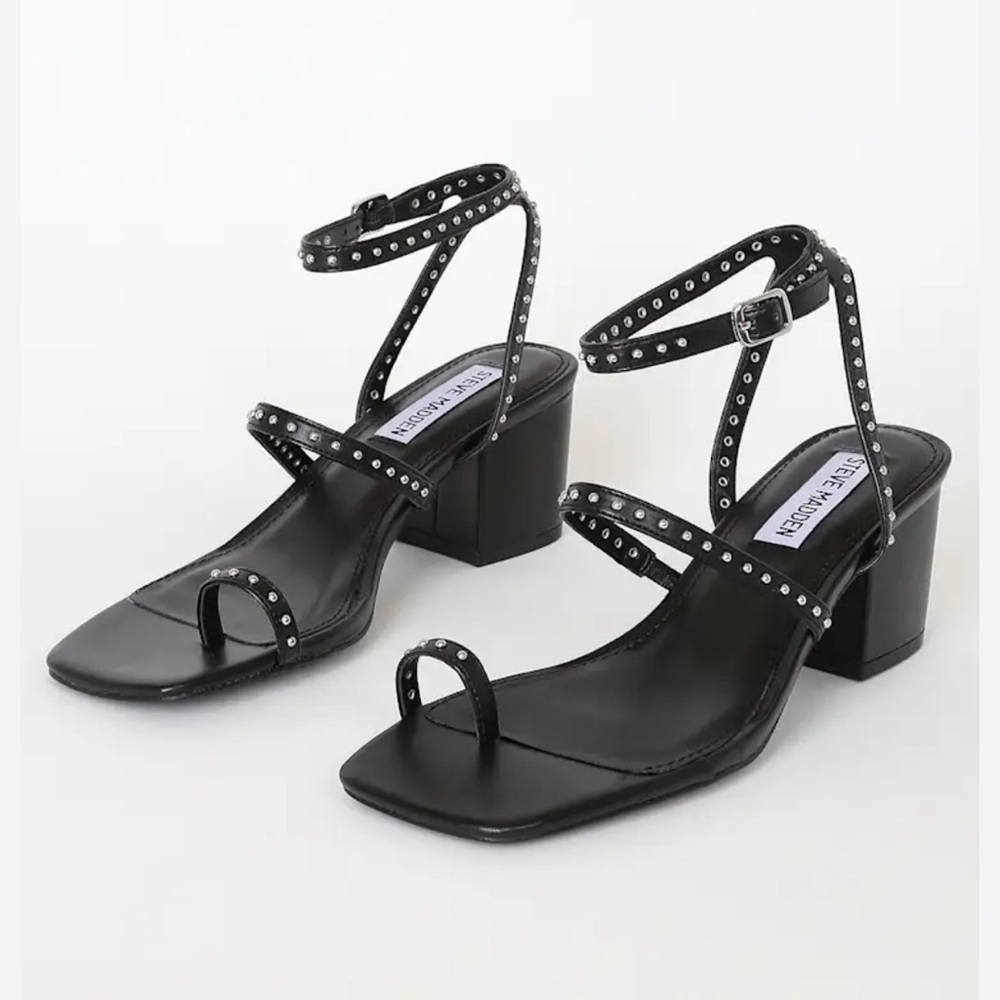 Steve Madden Black Studded Square-Toe Ankle-Strap Heels